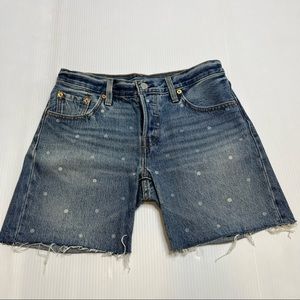 Levi’s 501 Red Tab High Rise White Polka Dot Cut Off Denim shorts